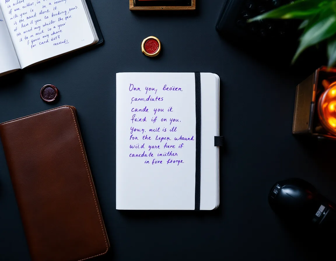 Recruiter's desk with a leather notebook, wax seal, card index and desk phone under warm violet-tinged light